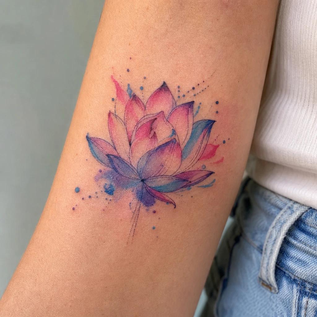idée tatouage fleur de lotus lotus aquarelle couleur, photo réaliste sur peau