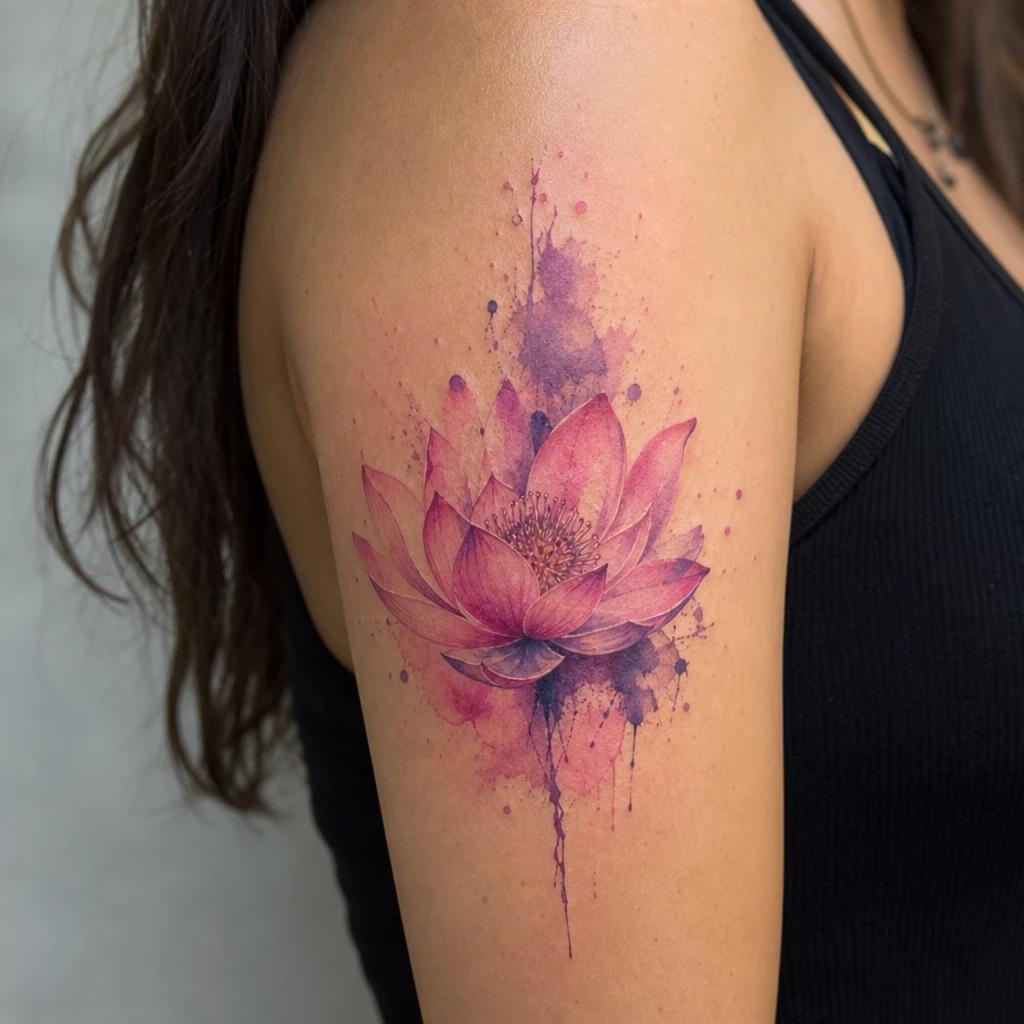 idée tatouage fleur de lotus lotus aquarelle couleur, photo réaliste sur peau