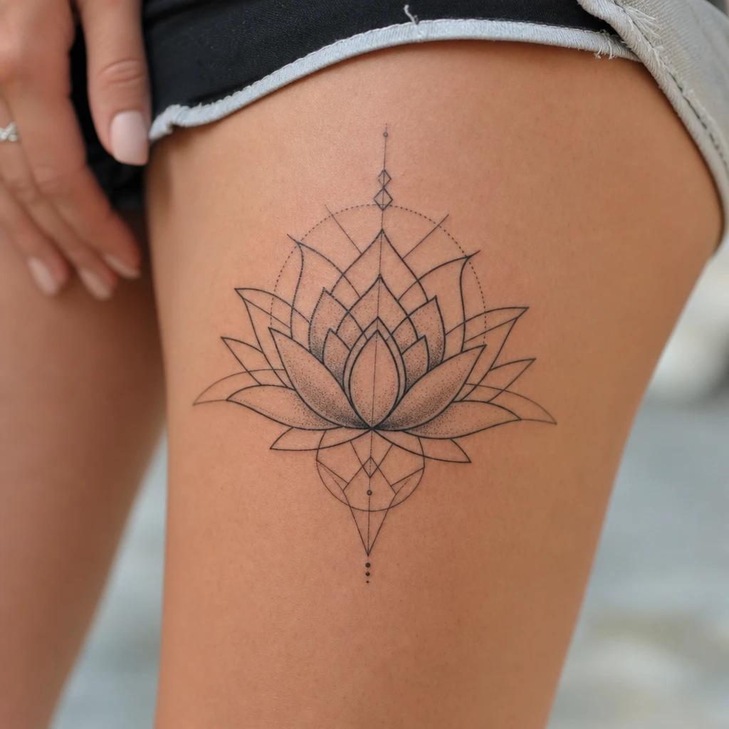 idée tatouage fleur de lotus lotus géométrique, photo réaliste sur peau