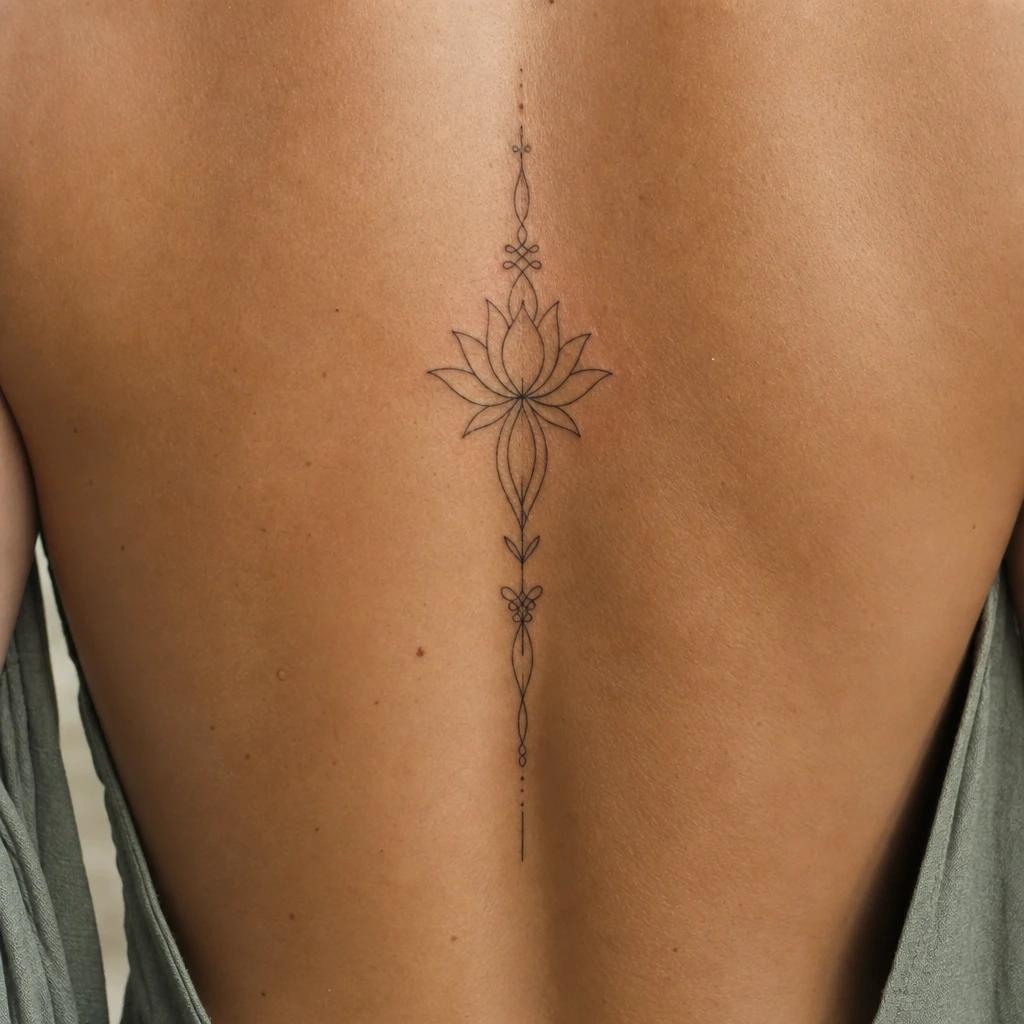 idée tatouage fleur de lotus lotus colonne vertébrale, photo réaliste sur peau