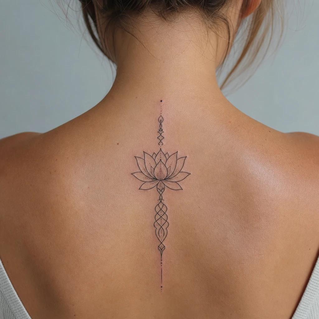 idée tatouage fleur de lotus lotus colonne vertébrale, photo réaliste sur peau