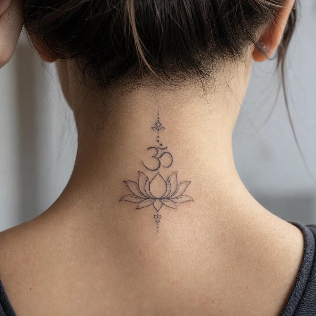 idée tatouage fleur de lotus lotus et om spirituel, photo réaliste sur peau