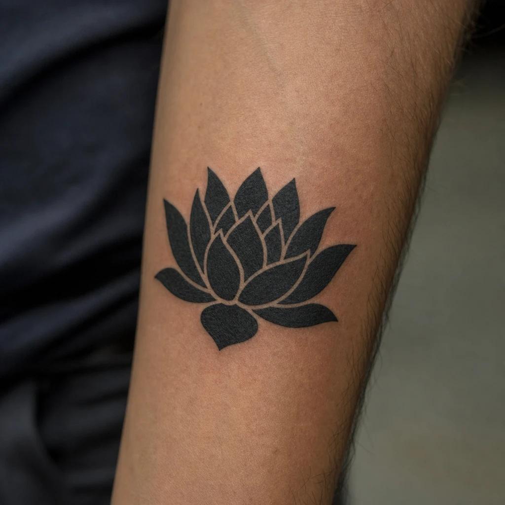 idée tatouage fleur de lotus lotus blackwork contrasté, photo réaliste sur peau