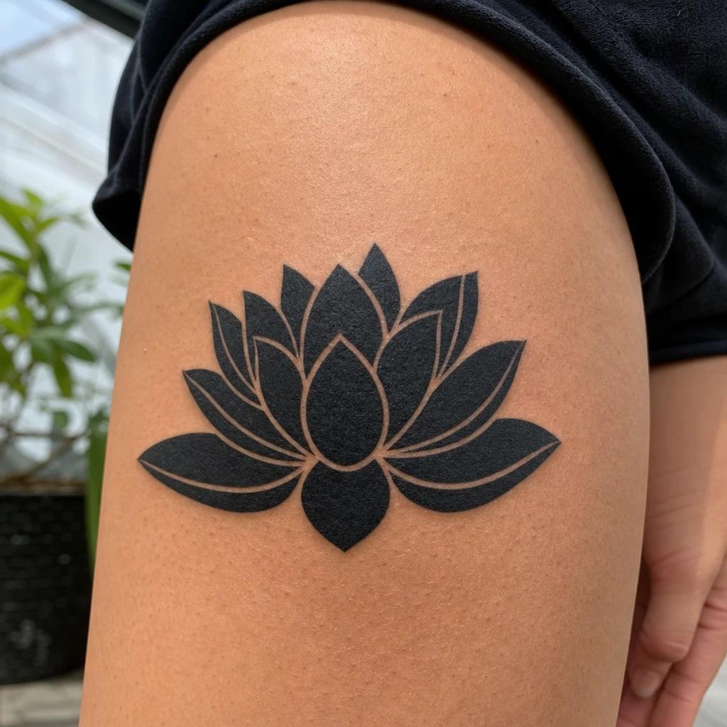 idée tatouage fleur de lotus lotus blackwork contrasté, photo réaliste sur peau