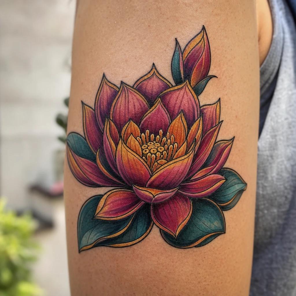 idée tatouage fleur de lotus lotus néo-traditionnel, photo réaliste sur peau