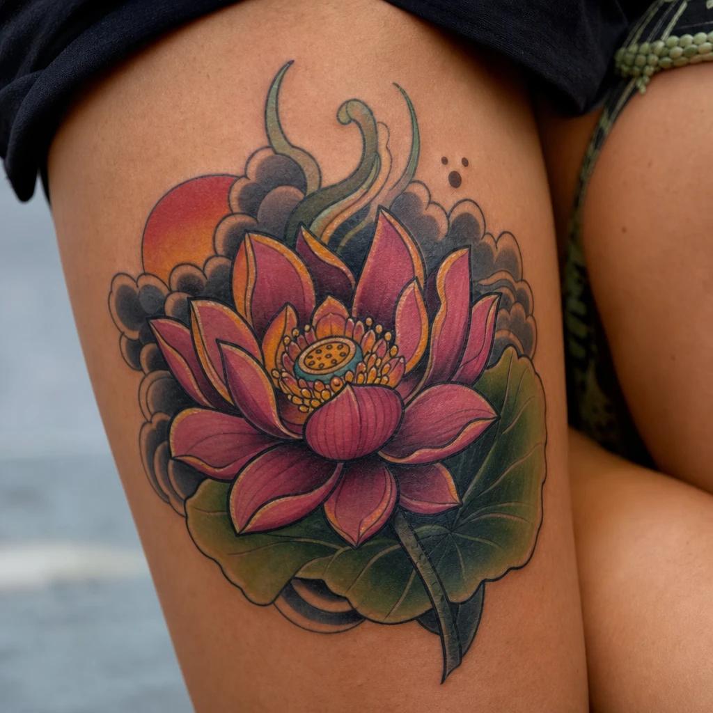 idée tatouage fleur de lotus lotus néo-traditionnel, photo réaliste sur peau
