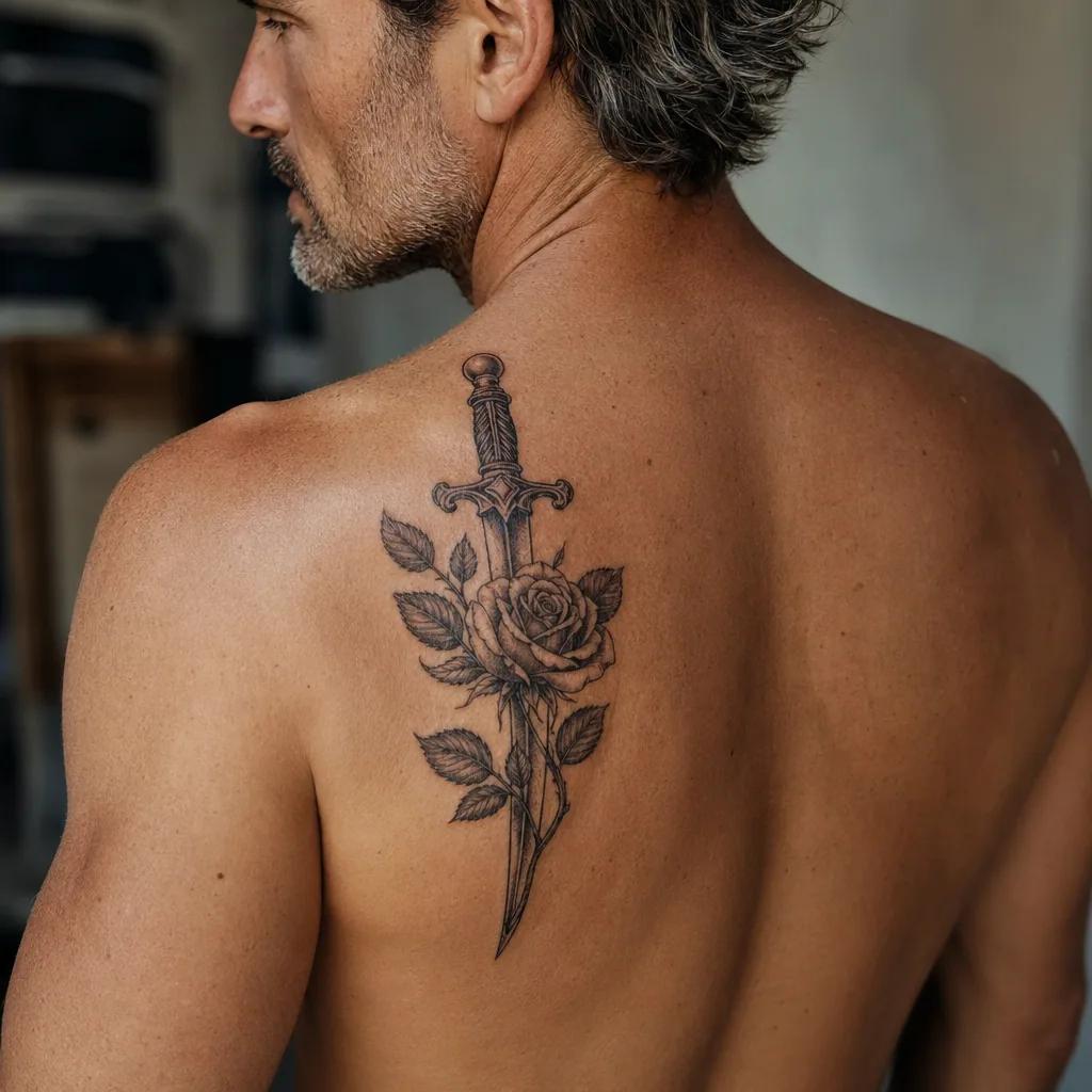 idée tatouage homme rose et dague