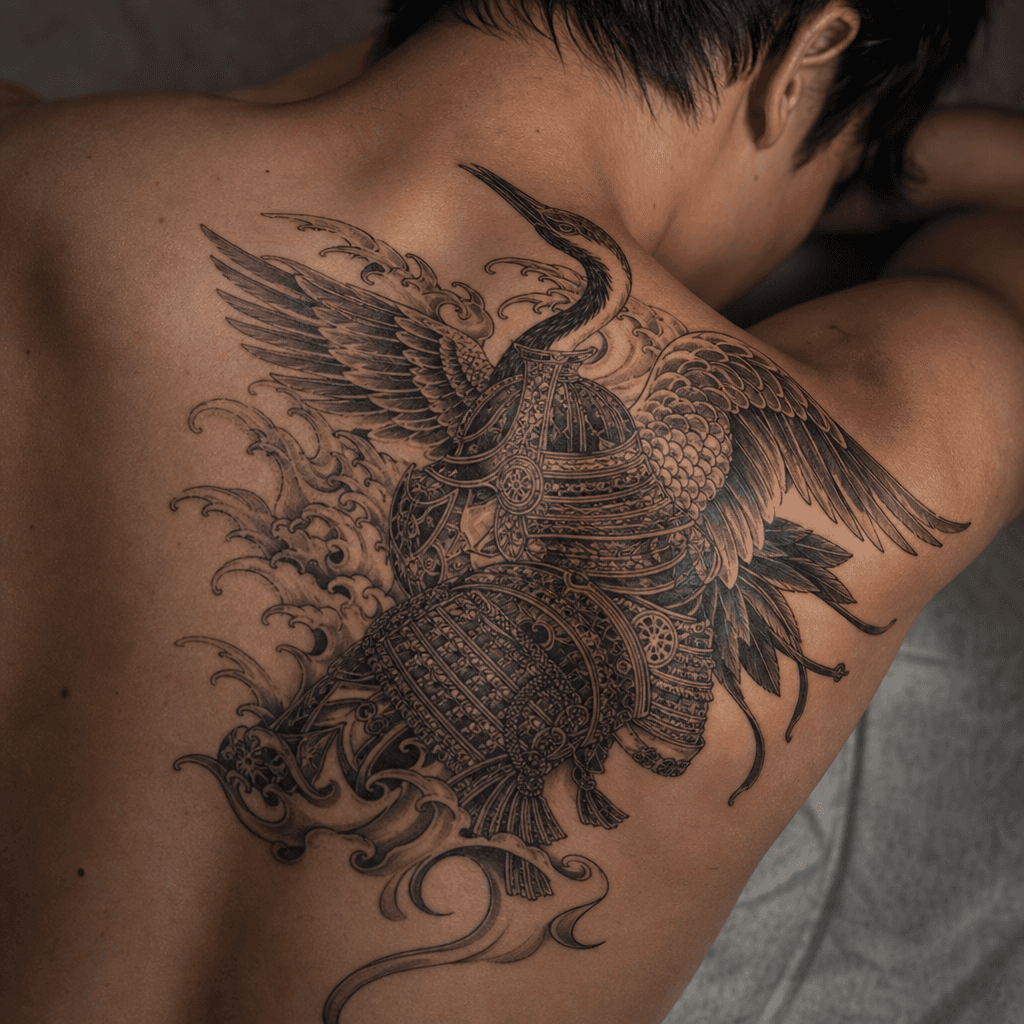 idée tatouage japonais crane samourai ornemental
