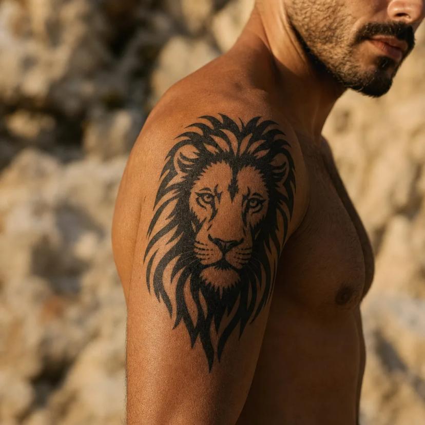 Tatouage lion blackwork à l'épaule, contours épais, vieillit excellent
