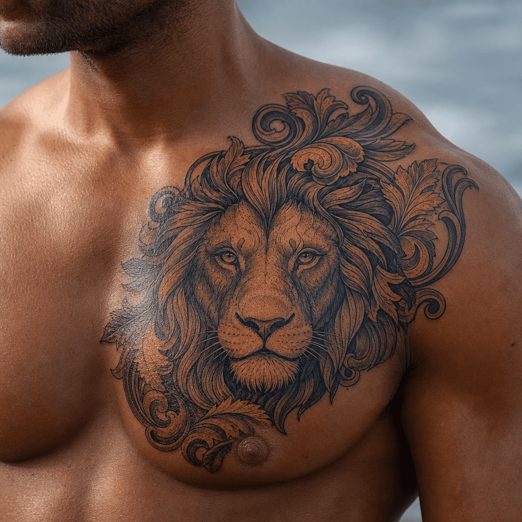 idée tatouage lion lion néo-traditionnel ornement