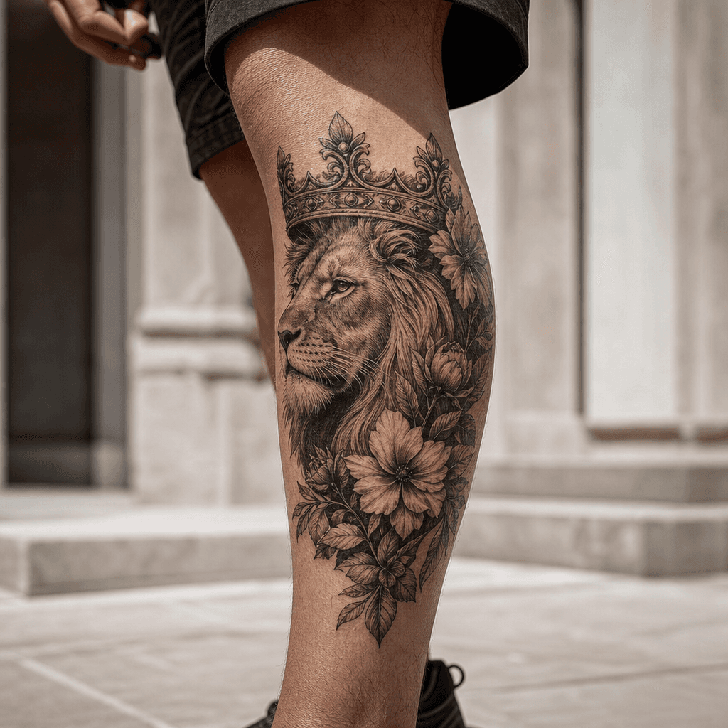 idée tatouage lion lion fleuri couronné
