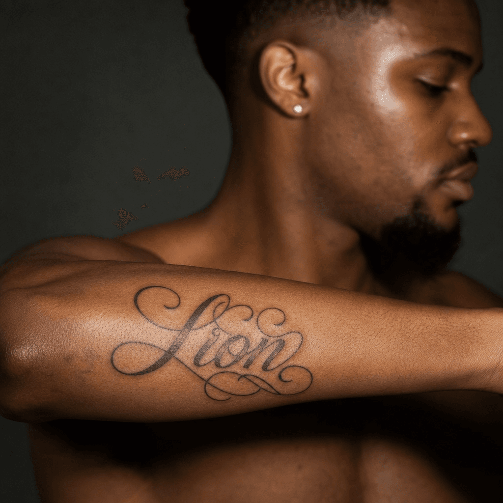 idée tatouage lion lettrage 'lion' calligraphie