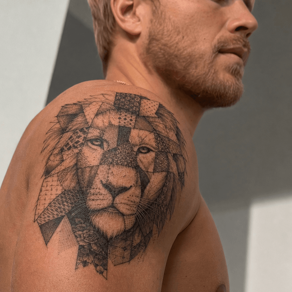 idée tatouage lion patchwork lion vintage