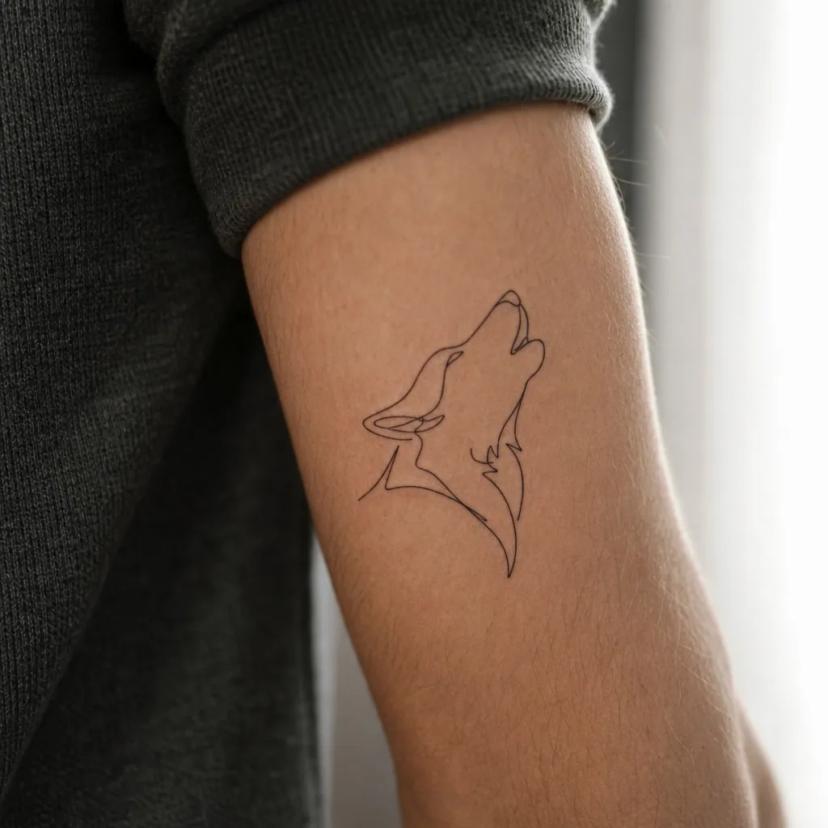 Tatouage loup hurlant en single-line minimaliste sur l'avant-bras