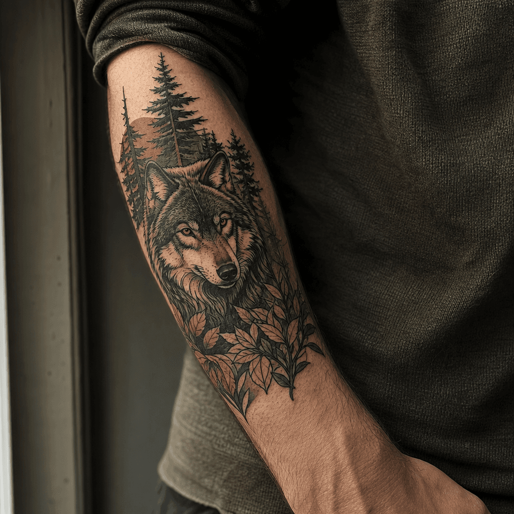 idée tatouage loup loup néo-traditionnel forêt