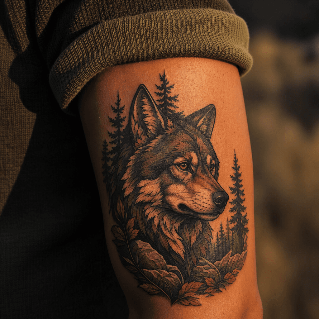 idée tatouage loup loup néo-traditionnel forêt