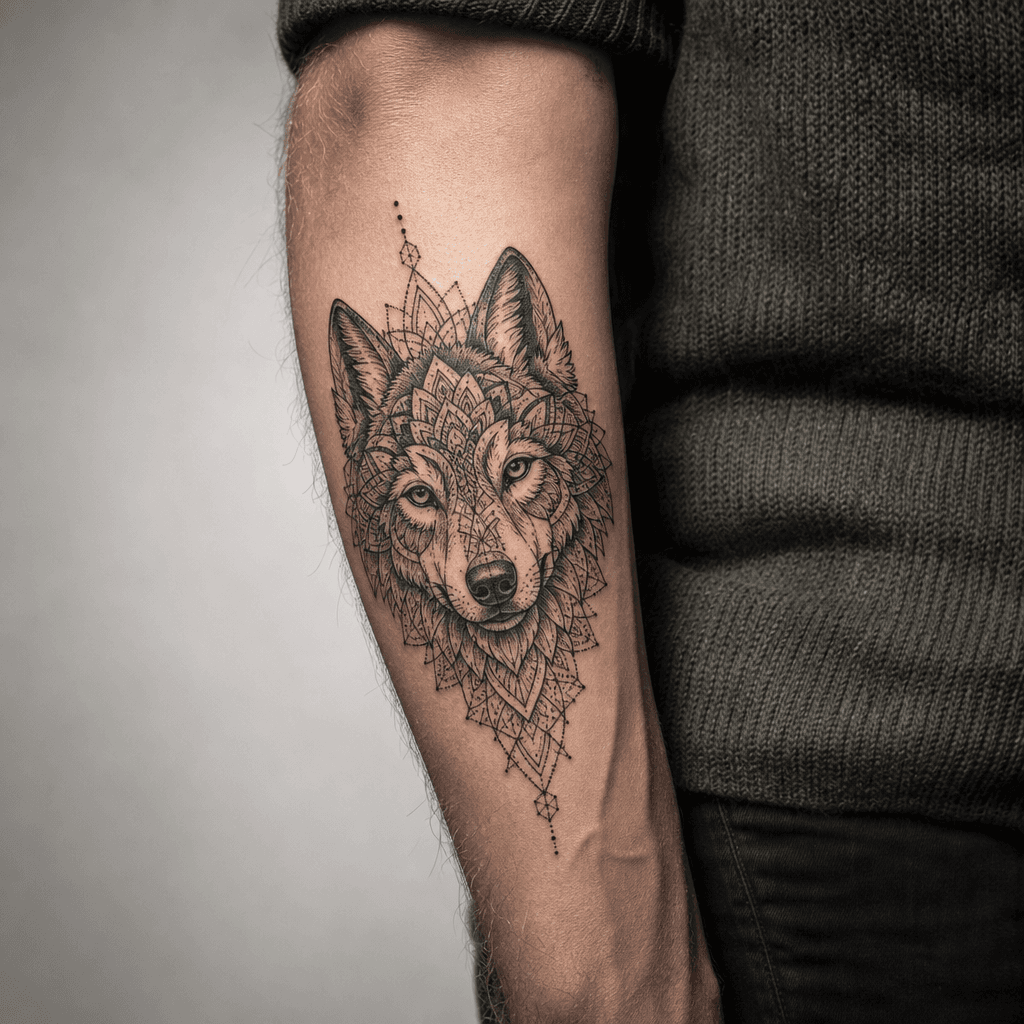 idée tatouage loup mandala loup ornemental