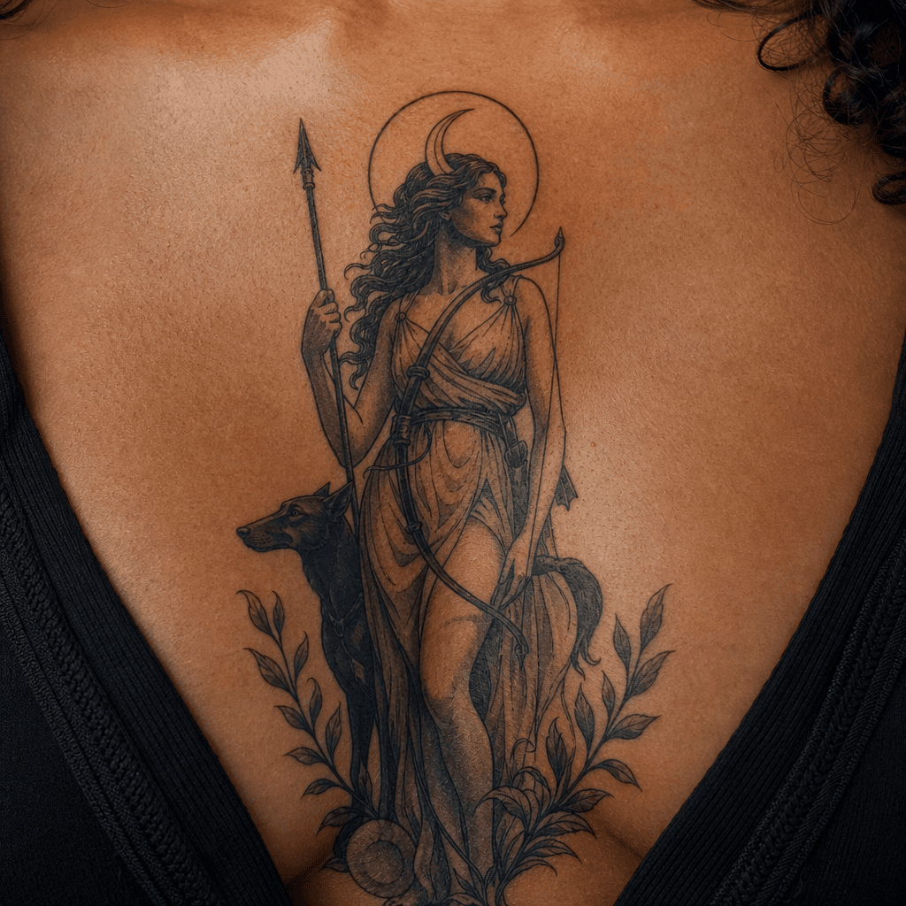idée tatouage lune diane chasseresse néo-traditionnelle