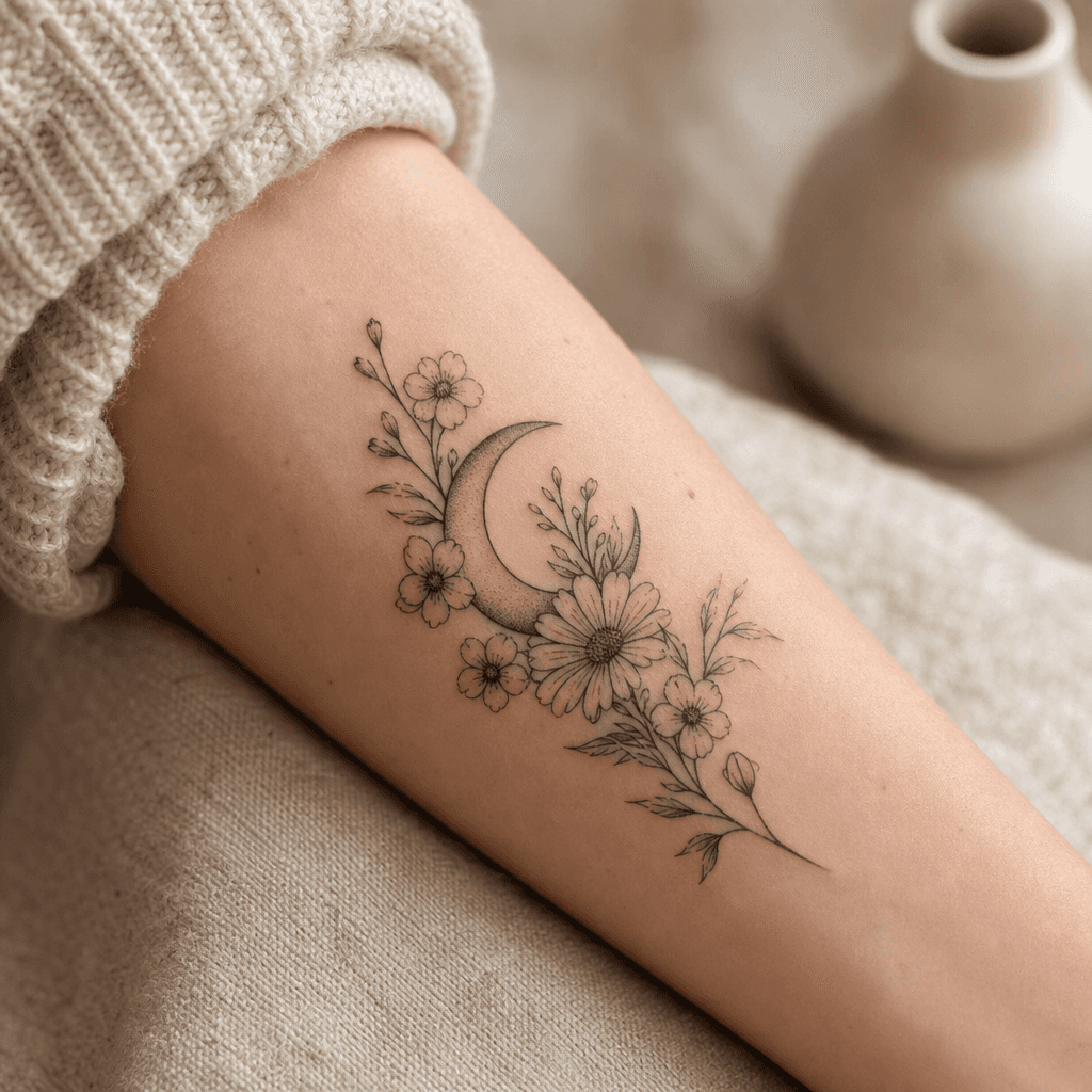 idée tatouage lune lune fleurie florale