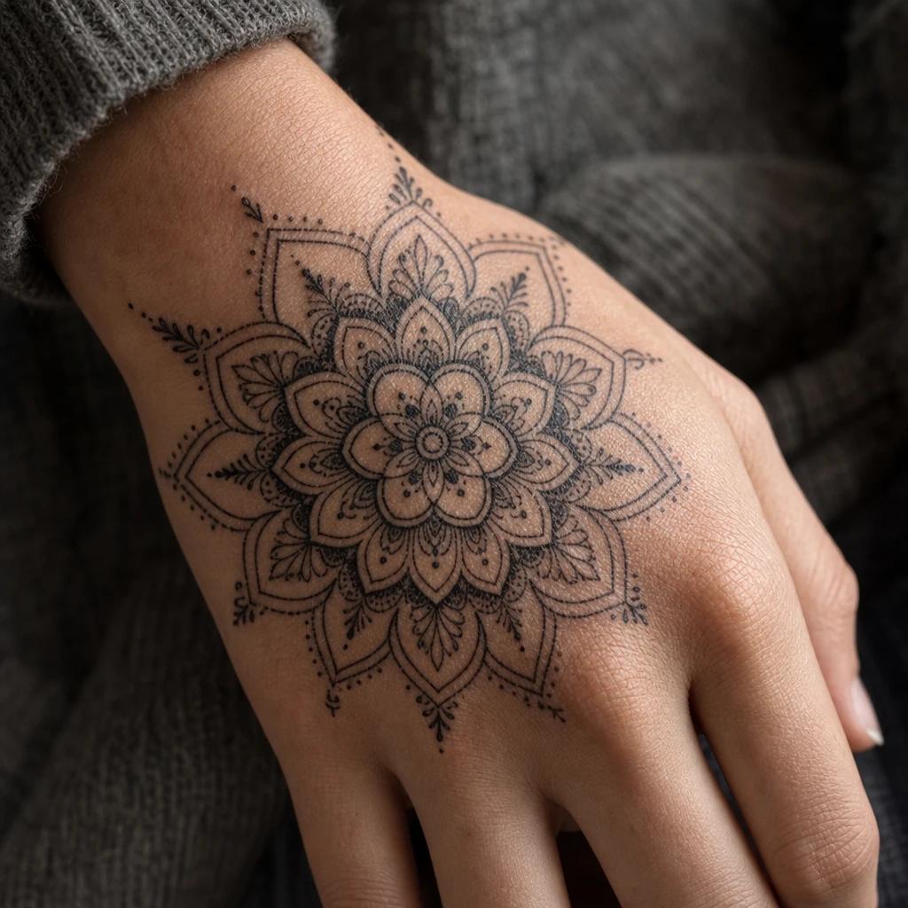 idée tatouage main femme mandala dos de la main