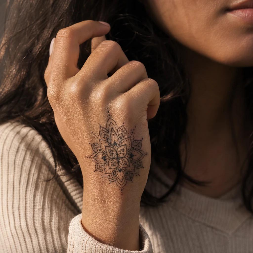 idée tatouage main femme mandala dos de la main
