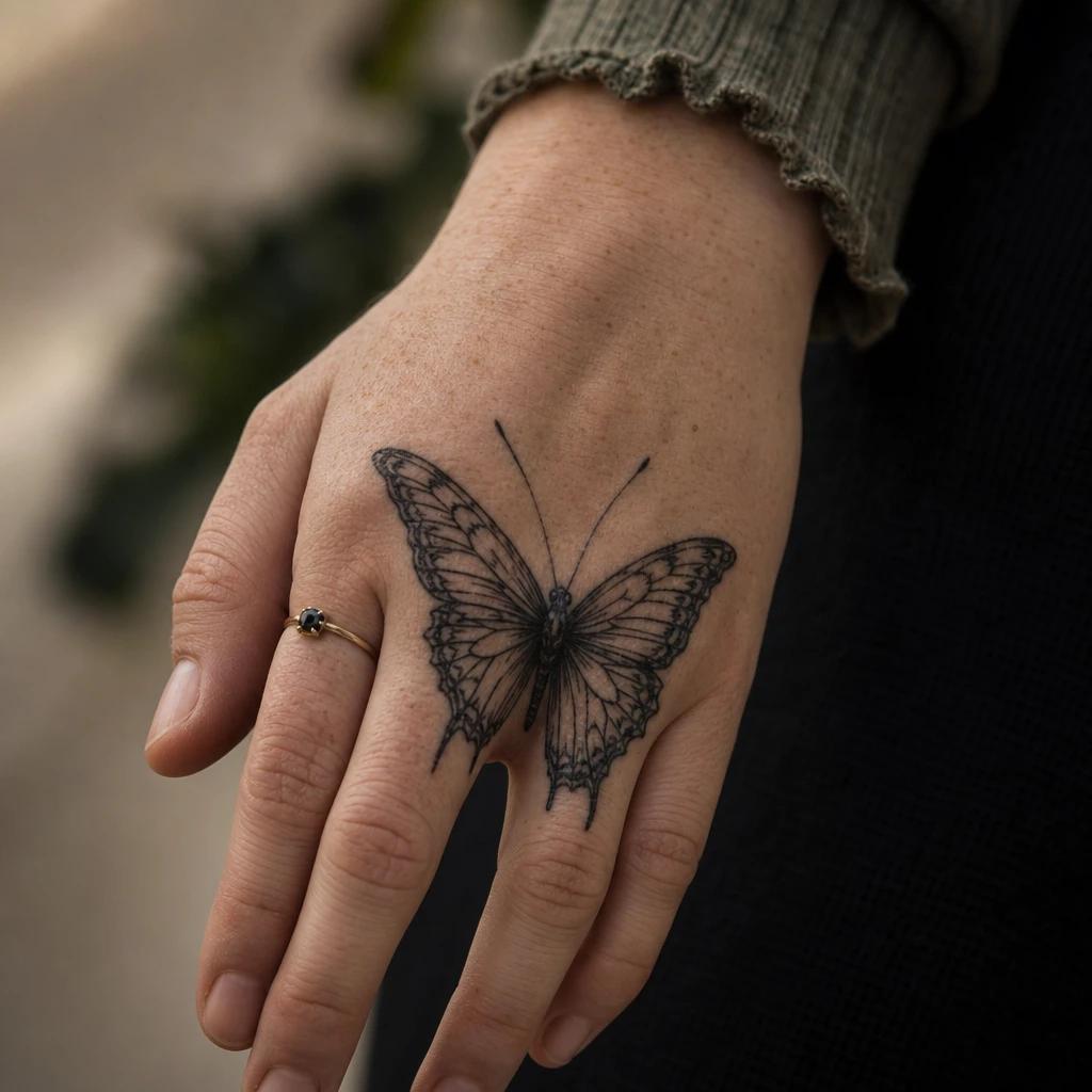 idée tatouage main femme papillon dos de main