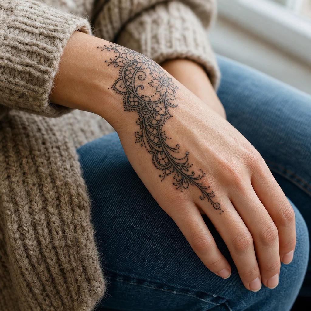 idée tatouage main femme ornemental dentelle