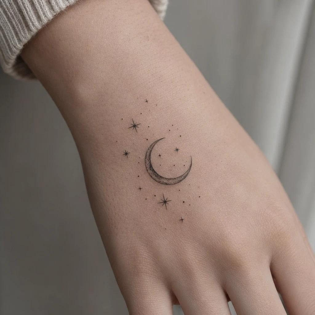 idée tatouage main femme lune et étoiles