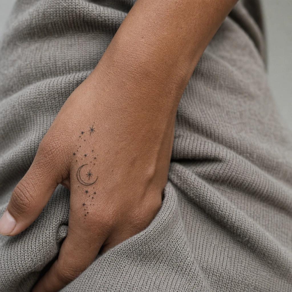 idée tatouage main femme lune et étoiles
