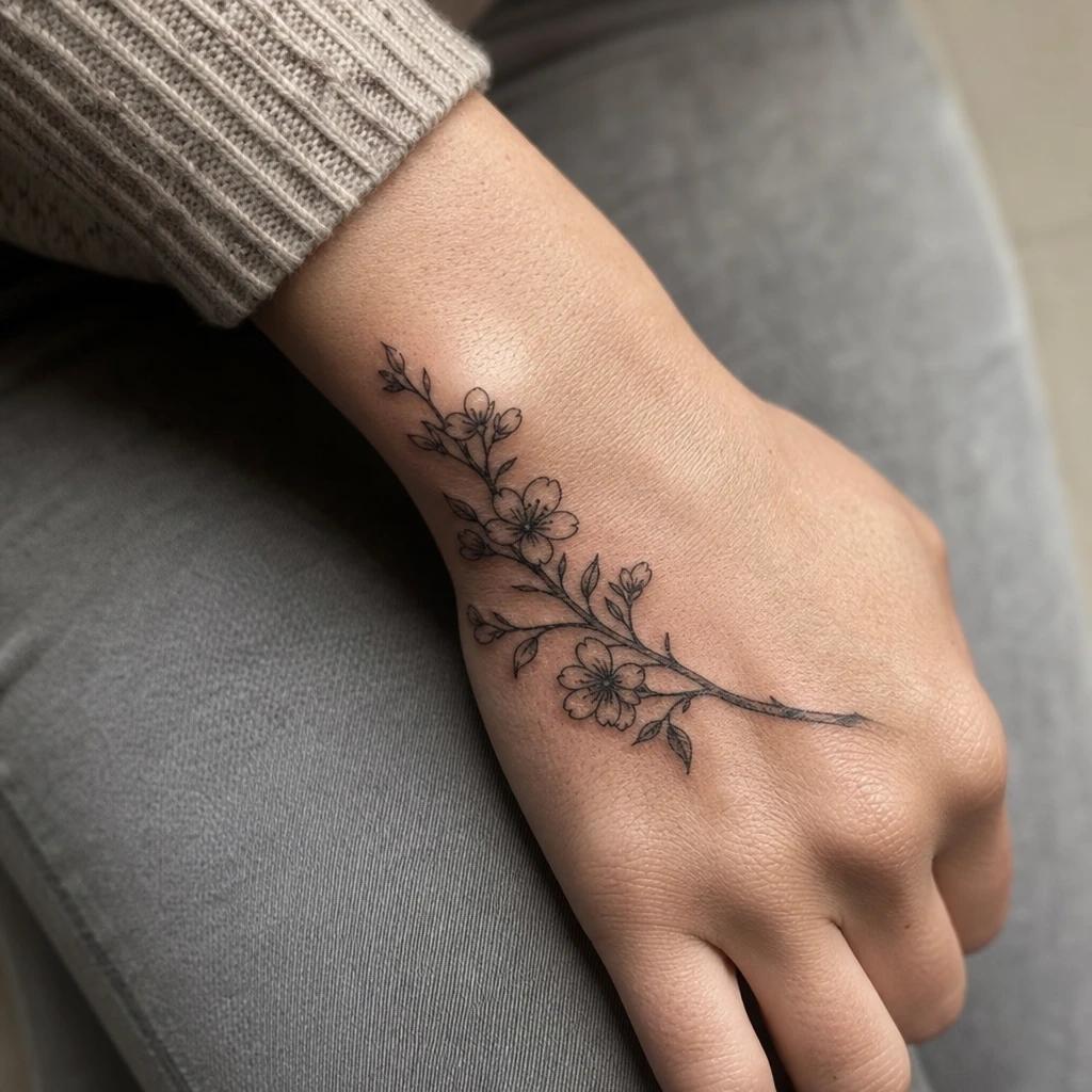 idée tatouage main femme branche fleurie
