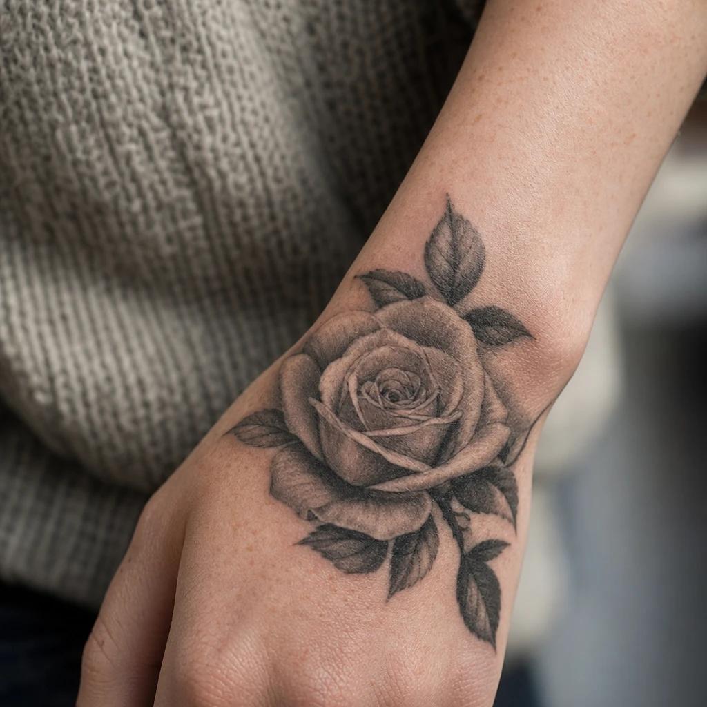 idée tatouage main femme rose réaliste