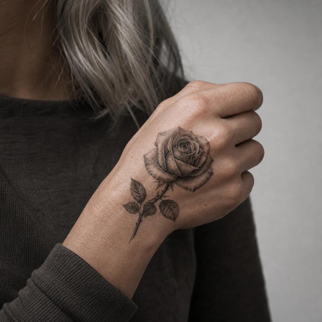 idée tatouage main femme rose réaliste