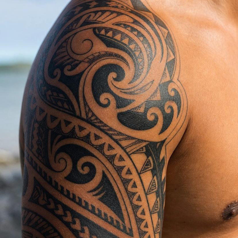 Tatouage maori blackwork couvrant l'épaule et le haut du bras d'un homme, spirales koru et rangées de triangles