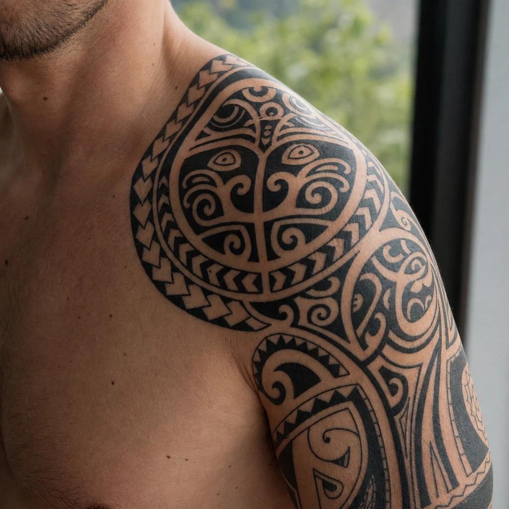 idée tatouage maori manchette maori épaule-bras, photo réaliste sur peau