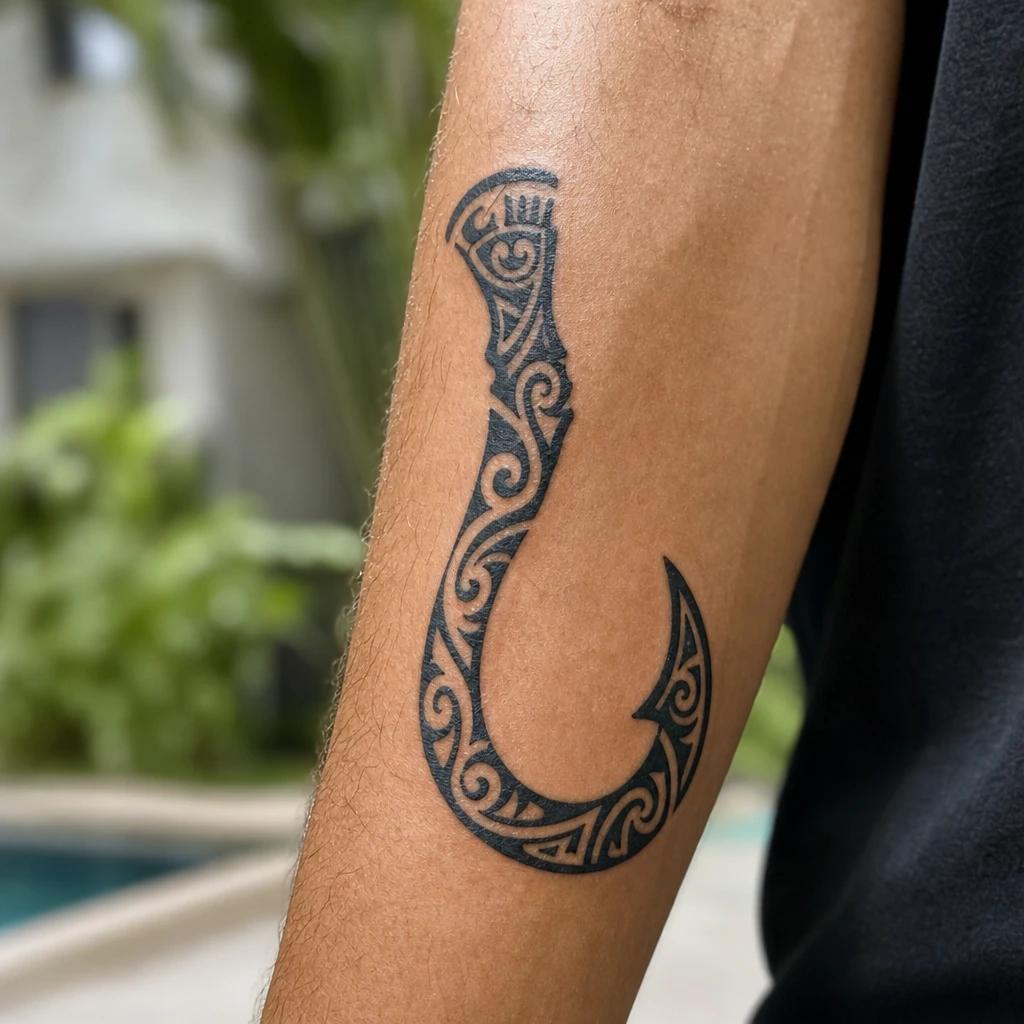 idée tatouage maori hei matau (hameçon) stylisé, photo réaliste sur peau