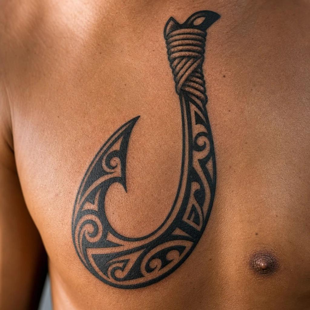 idée tatouage maori hei matau (hameçon) stylisé, photo réaliste sur peau