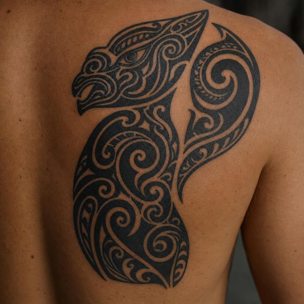 idée tatouage maori manaia gardien spirituel, photo réaliste sur peau