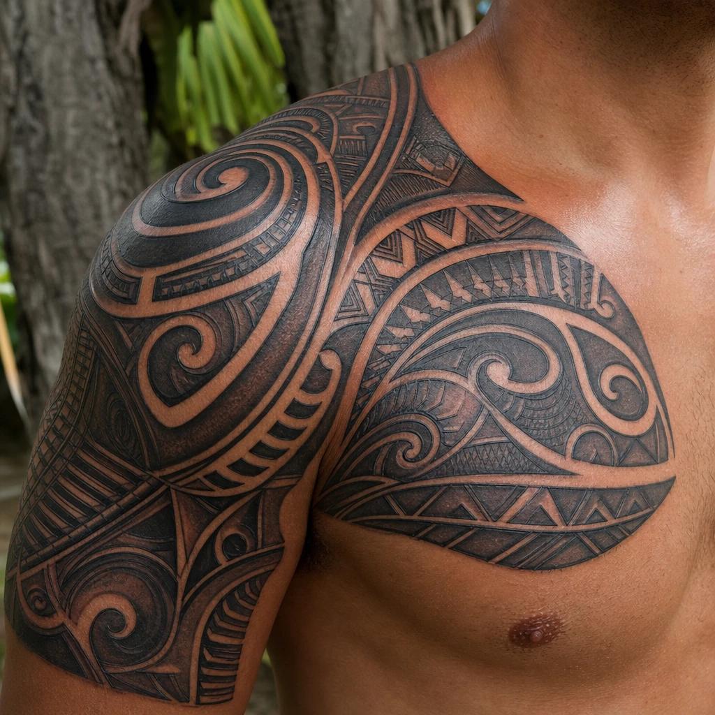 idée tatouage maori épaulière néo-polynésienne 3d, photo réaliste sur peau