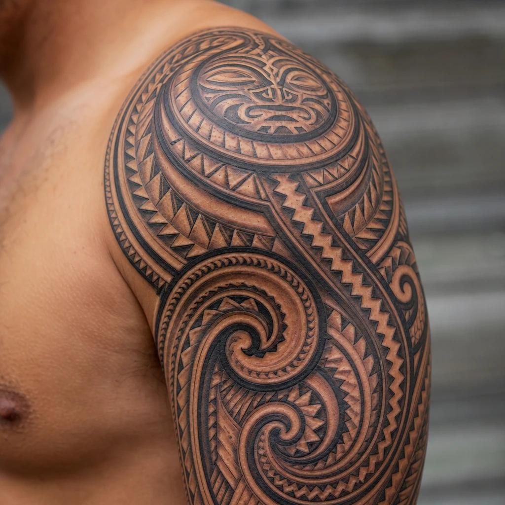 idée tatouage maori épaulière néo-polynésienne 3d, photo réaliste sur peau