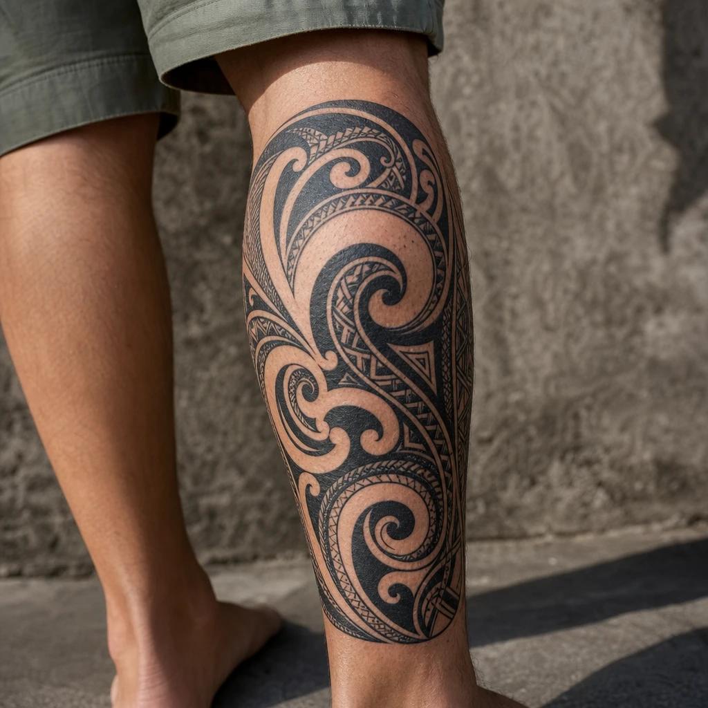 idée tatouage maori vagues et spirales mollet, photo réaliste sur peau