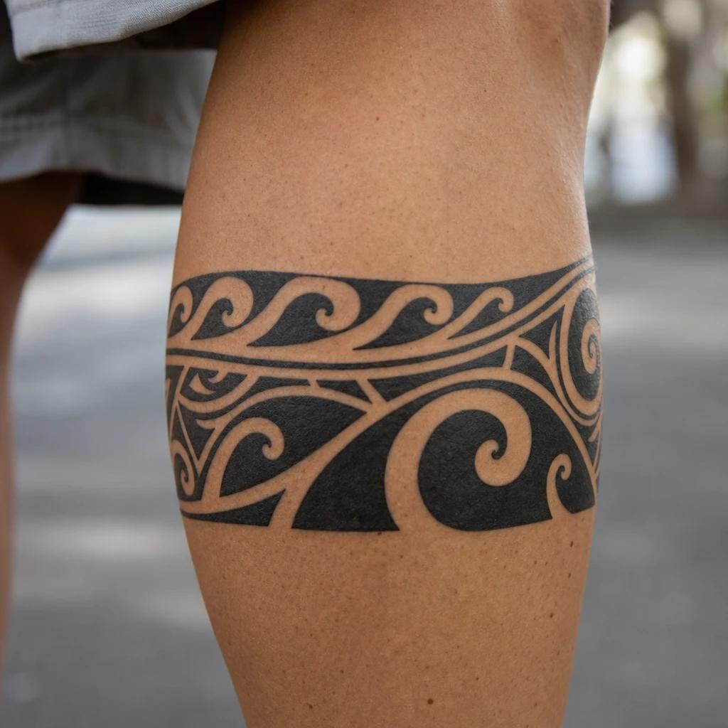 idée tatouage maori vagues et spirales mollet, photo réaliste sur peau