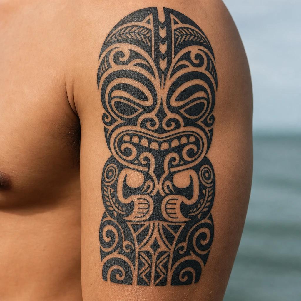 idée tatouage maori tiki maori protecteur, photo réaliste sur peau