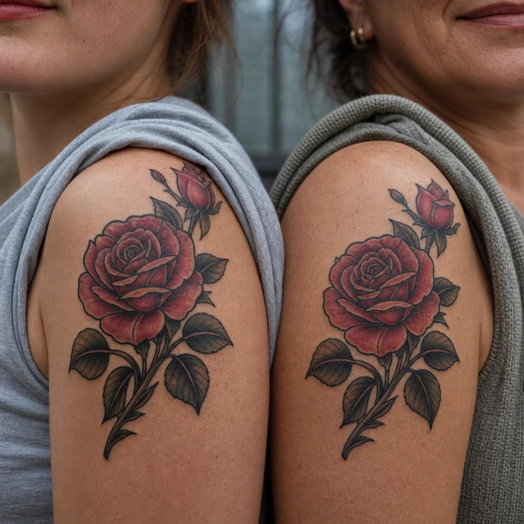 idée tatouage mère et fille roses néo-traditionnelles