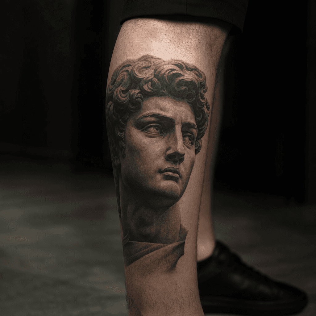 idée tatouage mollet portrait micro-réaliste