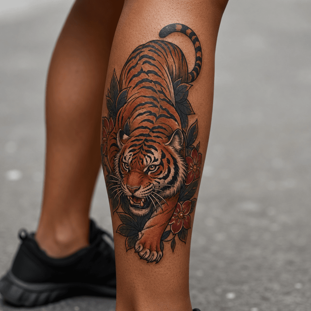 idée tatouage mollet tigre néo-traditionnel
