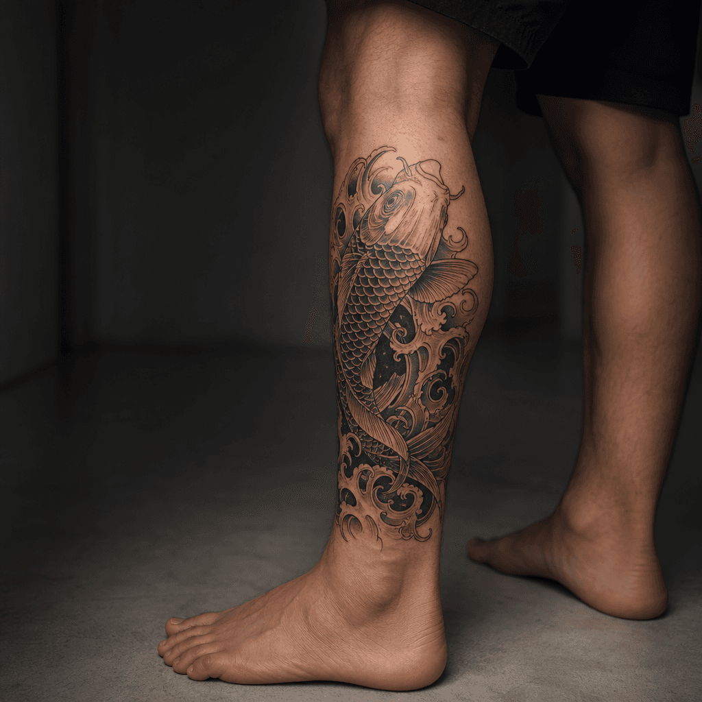 idée tatouage mollet carpe koï japonaise