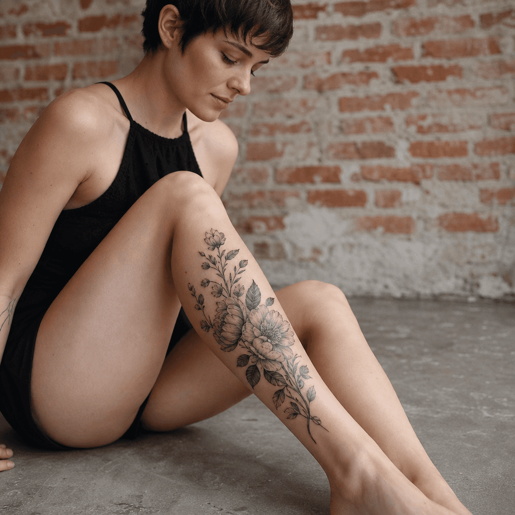 idée tatouage mollet composition florale réaliste