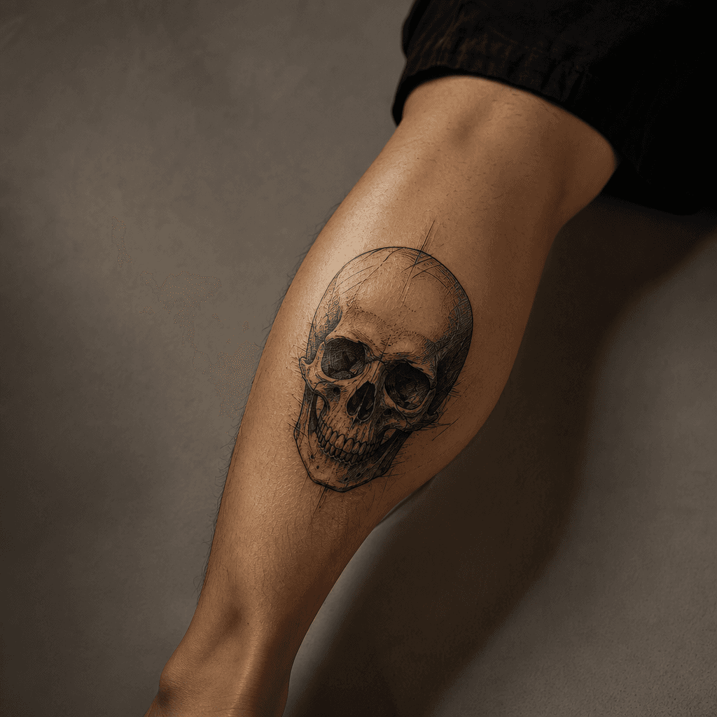 idée tatouage mollet crâne illustratif