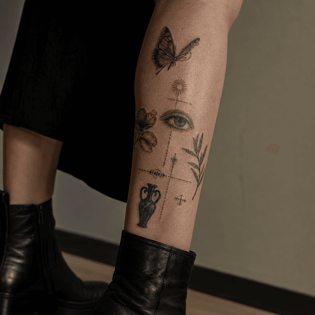 idée tatouage mollet patchwork flash