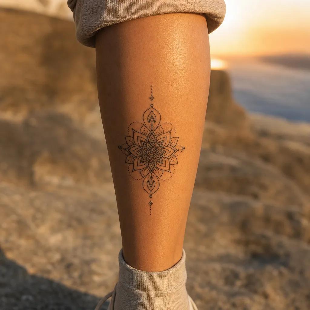 idée tatouage mollet mandala géométrique, photo réaliste sur peau